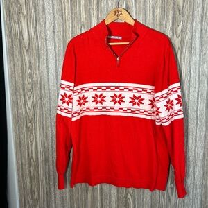 Red White Snowflake Striped Print 1/4 Zip Christmas Holiday Sweater Top